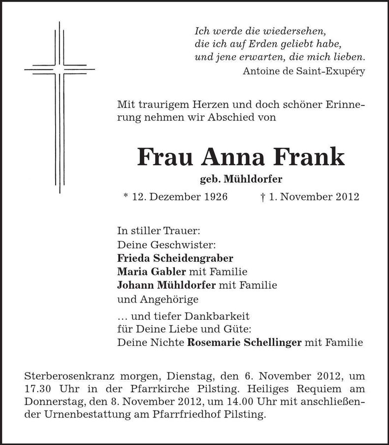 Traueranzeige Anna Frank