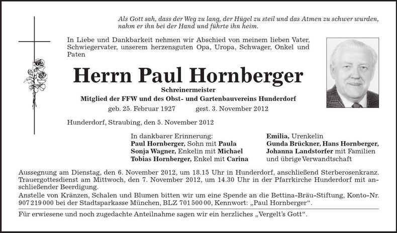 Traueranzeige Paul Hornberger