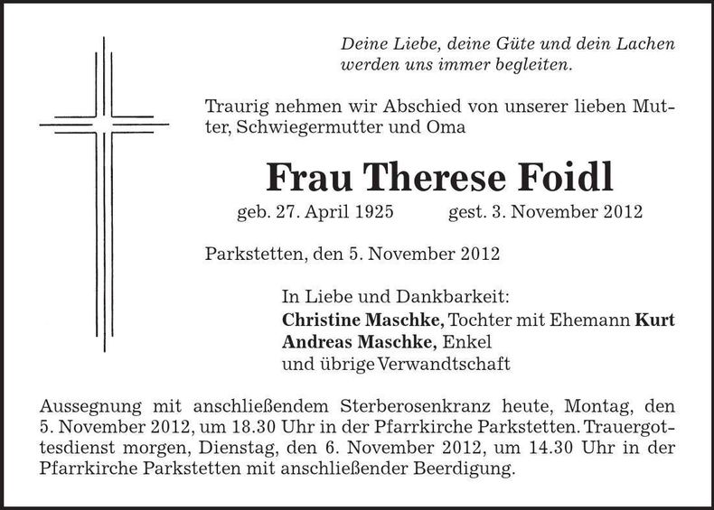 Traueranzeige Therese Foidl