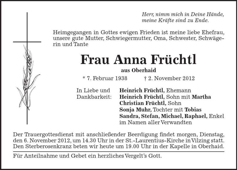 Traueranzeige Anna Früchtl