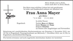 Traueranzeige Anna Mayer