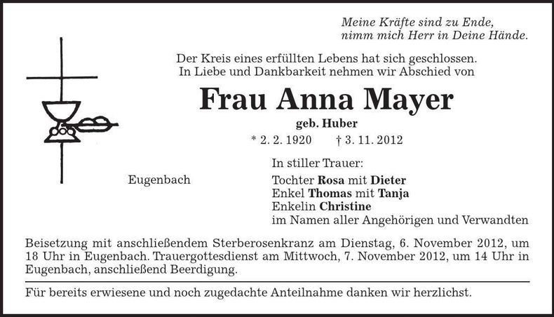 Traueranzeige Anna Mayer
