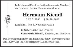 Traueranzeige Hermann Kiendl