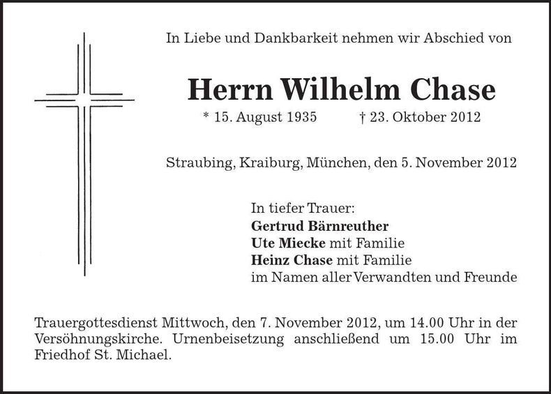 Traueranzeige Wilhelm Chase