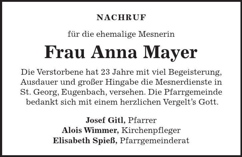 Traueranzeige Anna Mayer