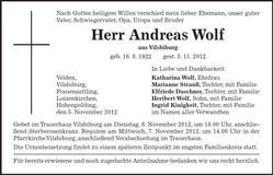 Traueranzeige Andreas Wolf