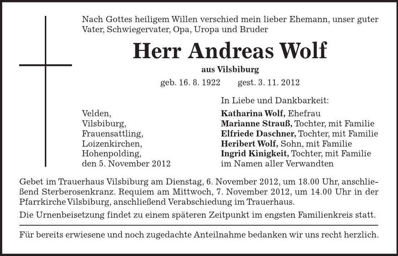 Traueranzeige Andreas Wolf