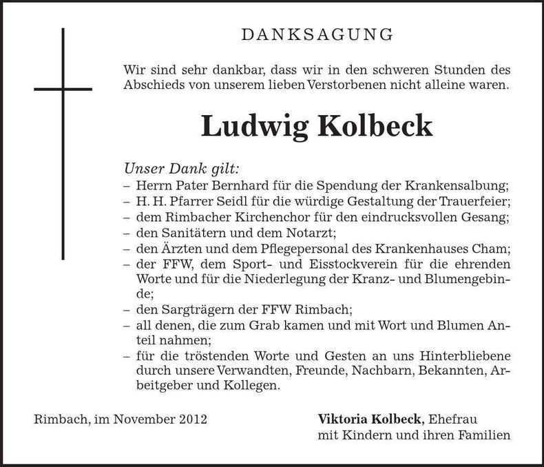 Traueranzeige Ludwig Kolbeck