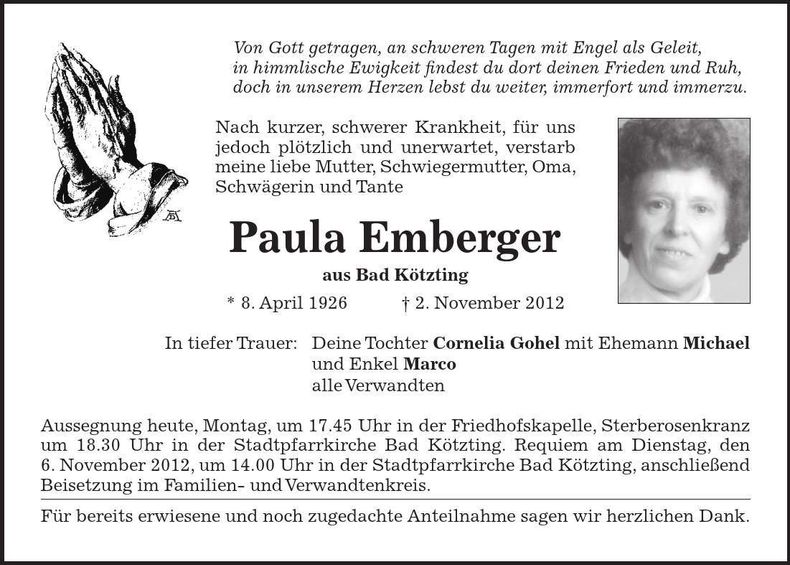 Traueranzeige Paula Emberger