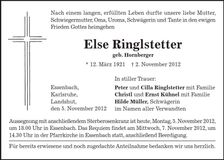 Traueranzeige Else Ringlstetter