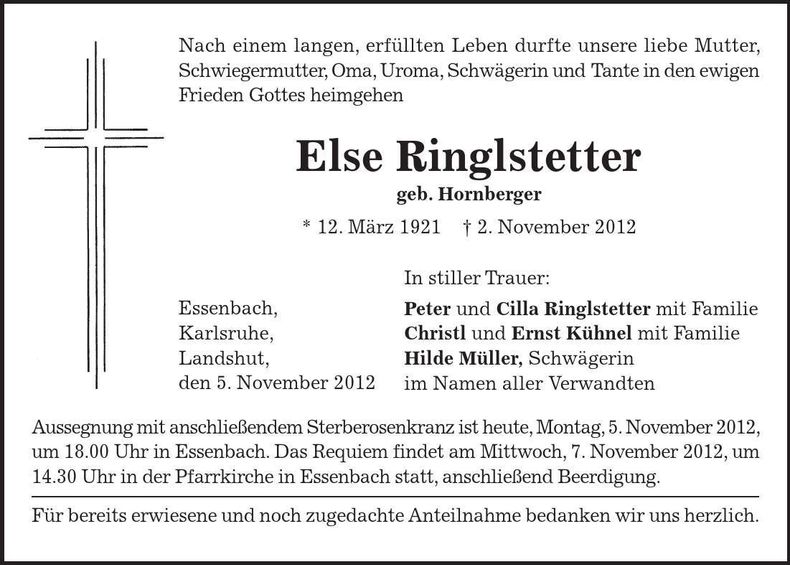 Traueranzeige Else Ringlstetter