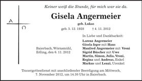 Traueranzeige Gisela Angermeier