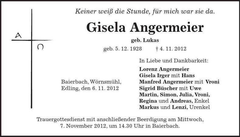 Traueranzeige Gisela Angermeier