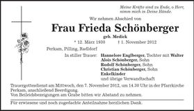 Traueranzeige Frieda Schönberger
