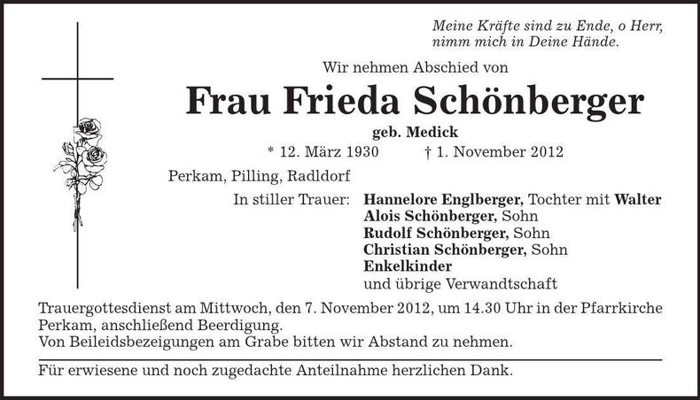 Traueranzeige Frieda Schönberger