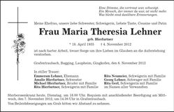 Traueranzeige Maria Theresia Lehner