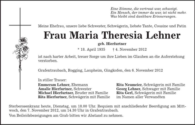 Traueranzeige Maria Theresia Lehner