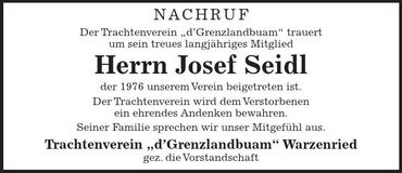 Traueranzeige Josef Seidl