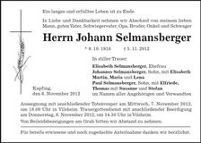 Traueranzeige Johann Selmansberger