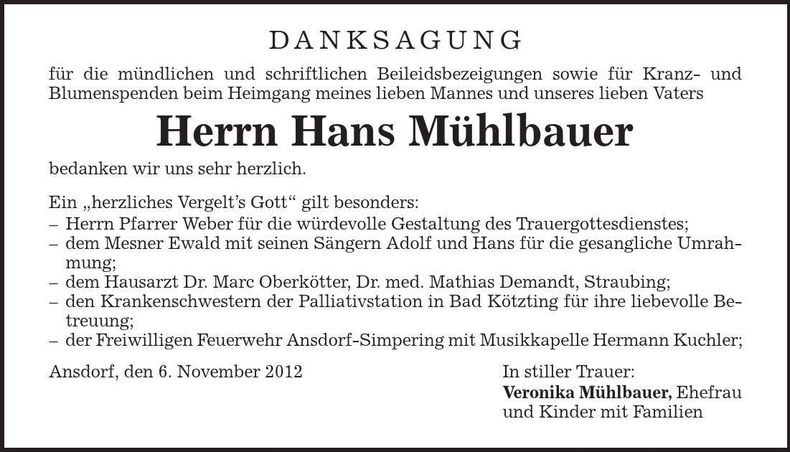 Traueranzeige Hans Mühlbauer