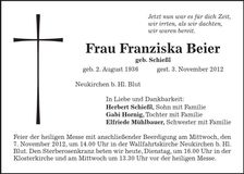 Traueranzeige Franziska Beier