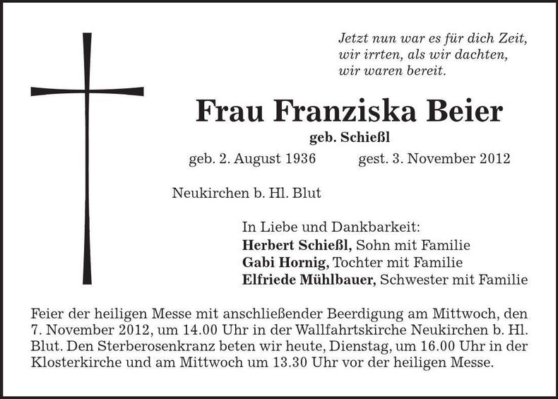 Traueranzeige Franziska Beier