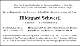 Traueranzeige Hildegard Schwertl