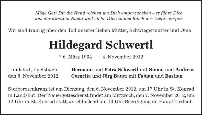 Traueranzeige Hildegard Schwertl