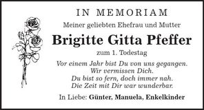 Traueranzeige Brigitte Pfeffer