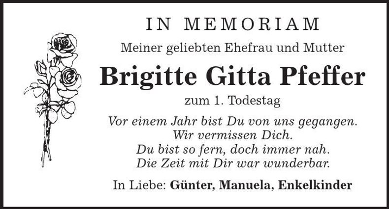 Traueranzeige Brigitte Pfeffer