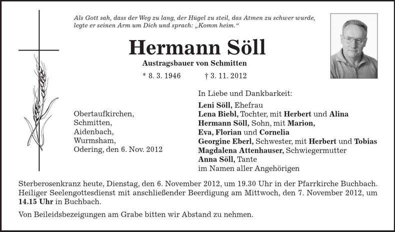 Traueranzeige Hermann Söll