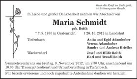 Traueranzeige Maria Schmidt