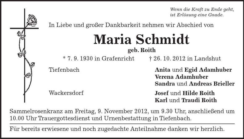 Traueranzeige Maria Schmidt
