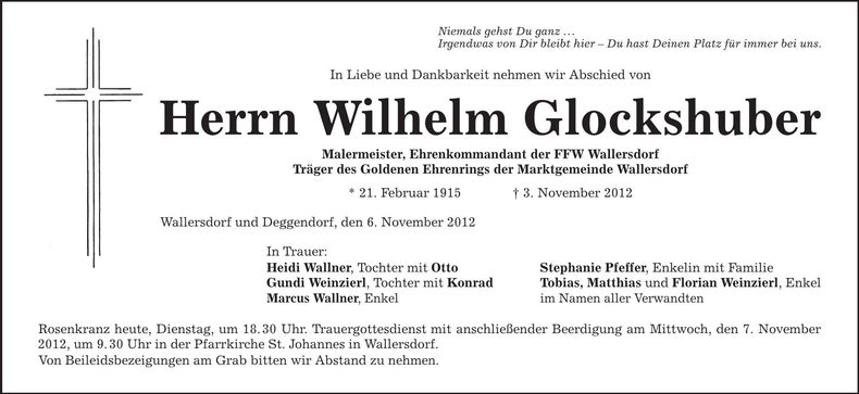 Traueranzeige Wilhelm Glockshuber