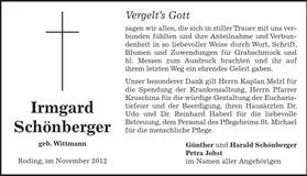 Traueranzeige Irmgard Schönberger