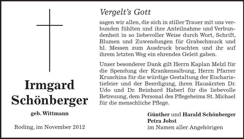 Traueranzeige Irmgard Schönberger