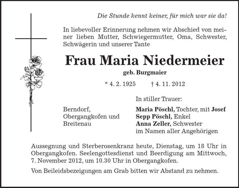 Traueranzeige Maria Niedermeier