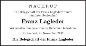 Traueranzeige Franz Lagleder