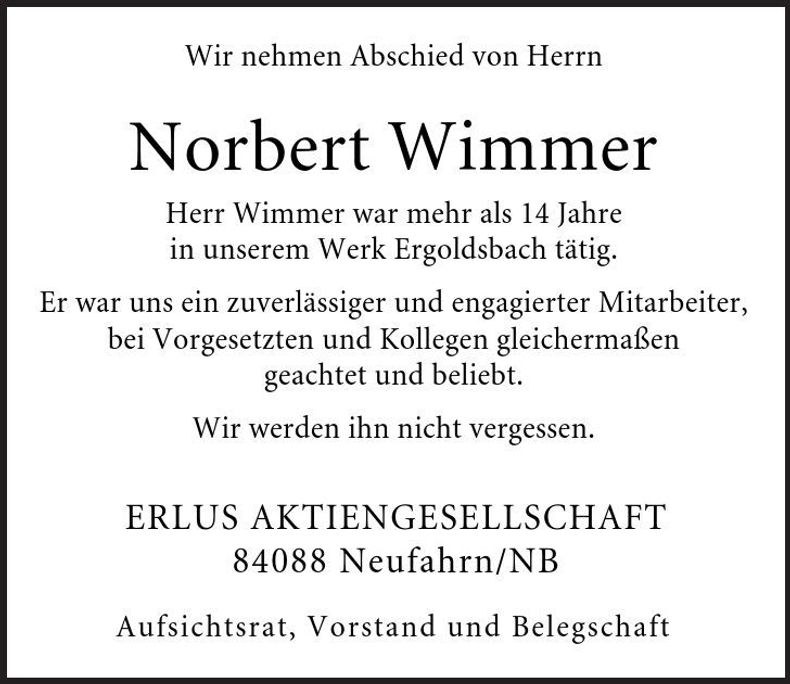 Traueranzeige Norbert Wimmer