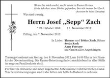 Traueranzeige Josef "Sepp" Zach