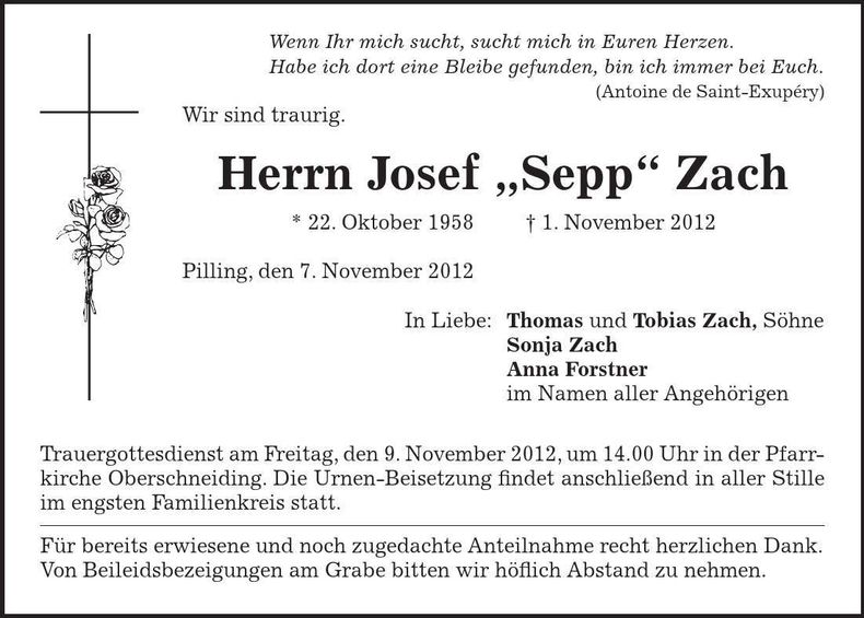 Traueranzeige Josef "Sepp" Zach
