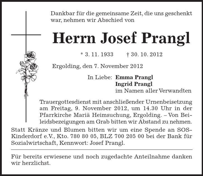 Traueranzeige Josef Prangl