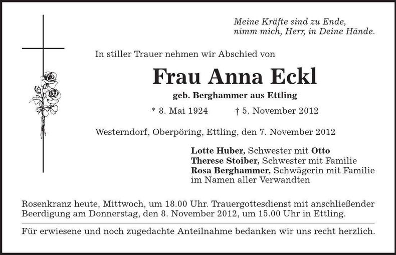Traueranzeige Anna Eckl