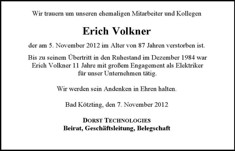 Traueranzeige Erich Volkner