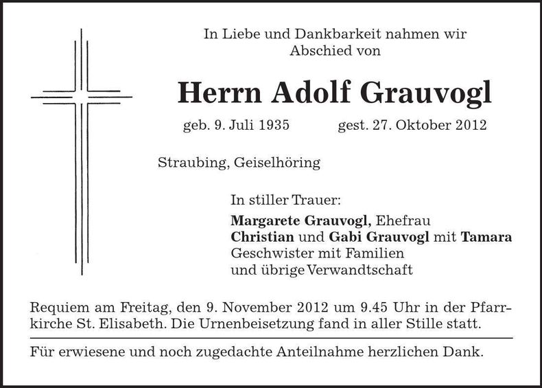 Traueranzeige Adolf Grauvogl