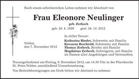 Traueranzeige Eleonore Neulinger