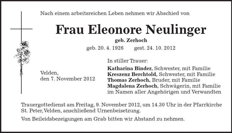 Traueranzeige Eleonore Neulinger