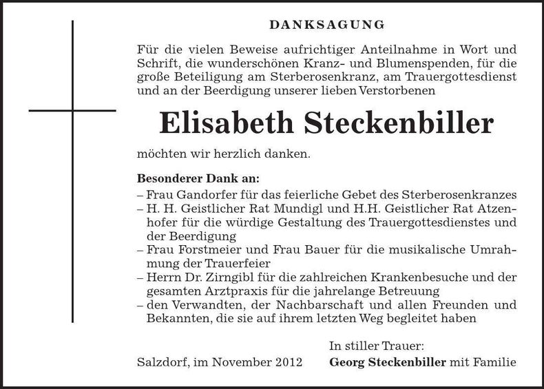 Traueranzeige Elisabeth Steckenbiller