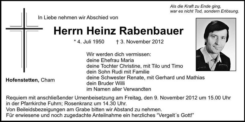 Traueranzeige Heinz Rabenbauer
