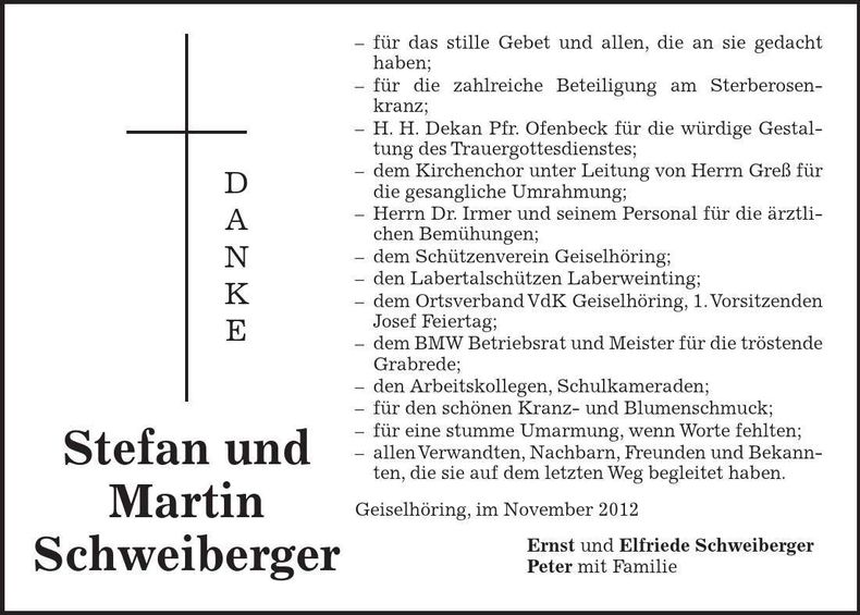 Traueranzeige Stefan und Martin Schweiberger
